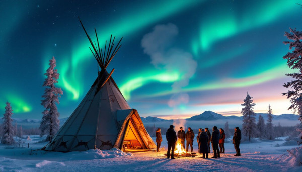 Dinner BBQ in traditional tipi and observing aurora