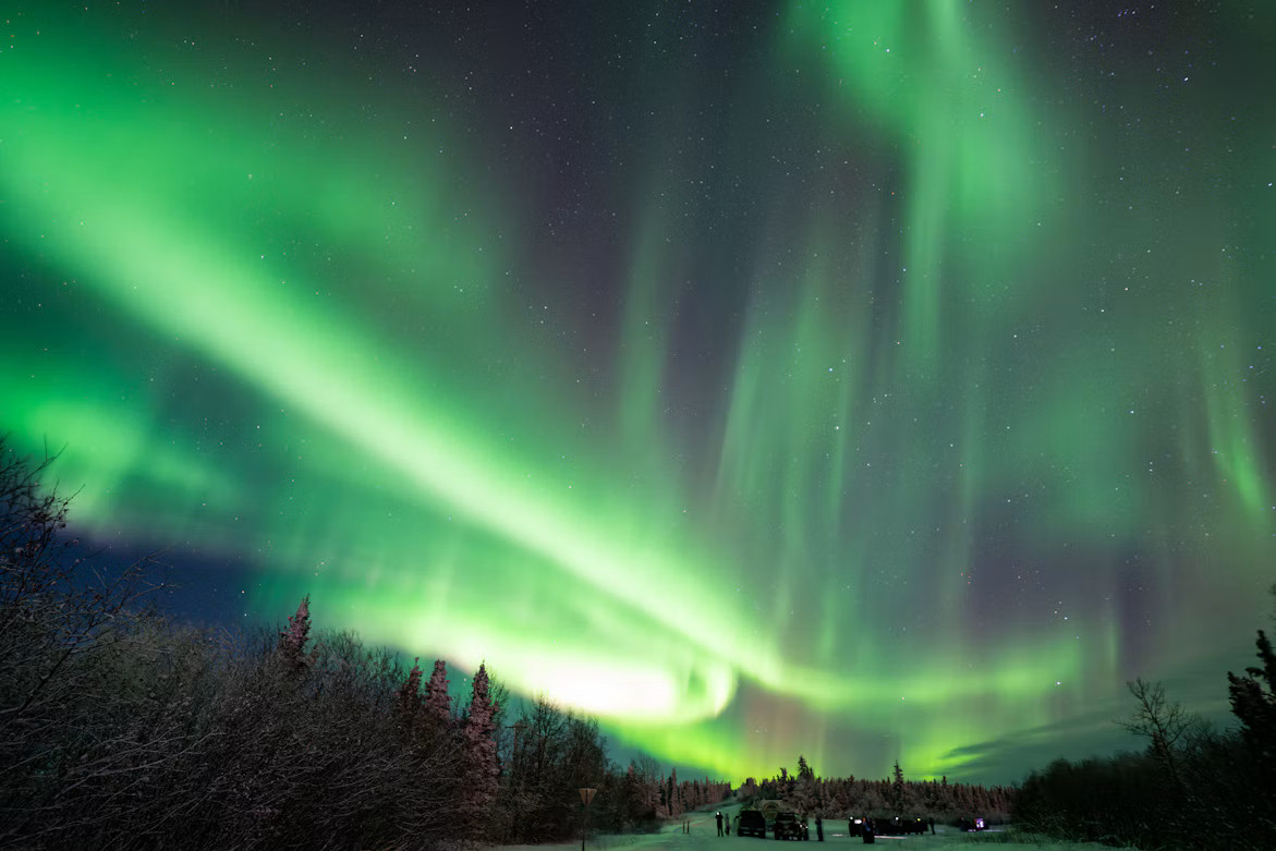 Green and purple aurora in the winter sky near Fairbanks, Alaska